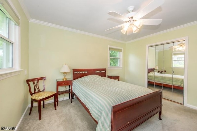 38 Longview Dr, Hanover Twp, NJ 07981 - bedroom with light carpet, multiple windows, ornamental molding, a closet, and ceiling fan