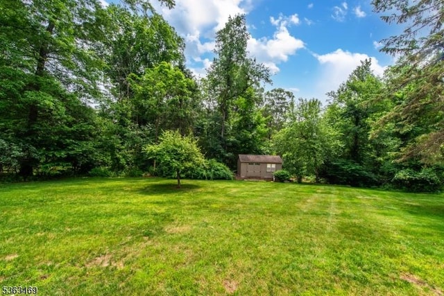 38 Longview Dr, Hanover Twp, NJ 07981 - view of grassy yard with a shed and a wooded view
