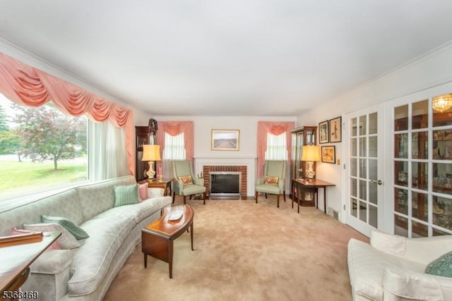38 Longview Dr, Hanover Twp, NJ 07981 - living area with a fireplace, light colored carpet, crown molding, and french doors