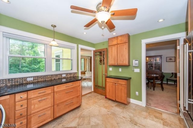 38 Longview Dr, Hanover Twp, NJ 07981 - kitchen featuring ceiling fan, hanging light fixtures, recessed lighting, and dark stone counters