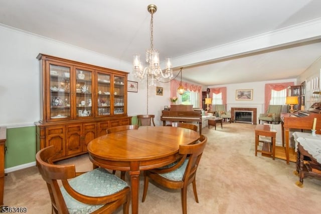 38 Longview Dr, Hanover Twp, NJ 07981 - dining room featuring a chandelier, light carpet, ornamental molding, and a fireplace