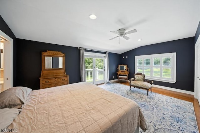 34 Millbrook Rd, Harding Twp, NJ 07976 - bedroom featuring lofted ceiling, access to exterior, wood finished floors, recessed lighting, and ceiling fan
