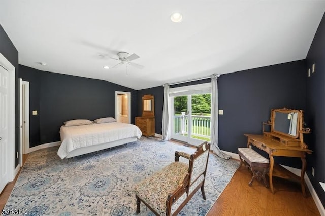 34 Millbrook Rd, Harding Twp, NJ 07976 - bedroom with access to outside, lofted ceiling, wood finished floors, and a ceiling fan