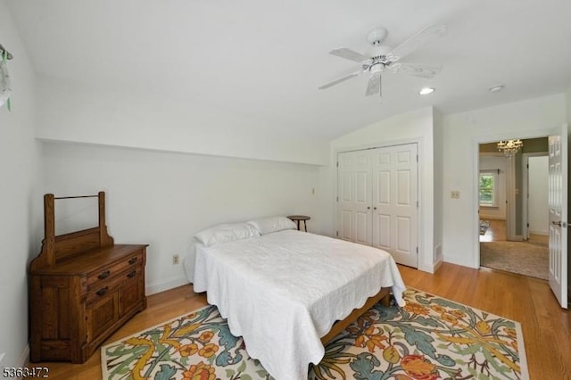 34 Millbrook Rd, Harding Twp, NJ 07976 - bedroom with light wood-style floors, a closet, a ceiling fan, vaulted ceiling, and recessed lighting