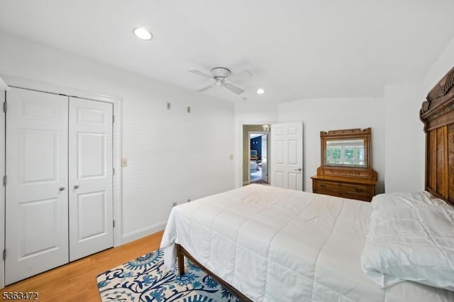 34 Millbrook Rd, Harding Twp, NJ 07976 - bedroom with light wood finished floors, recessed lighting, ceiling fan, and a closet