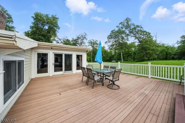 34 Millbrook Rd, Harding Twp, NJ 07976 - wooden terrace with outdoor dining area and a yard