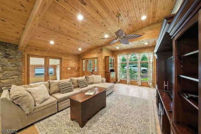 34 Millbrook Rd, Harding Twp, NJ 07976 - living room with wood ceiling, vaulted ceiling, a ceiling fan, recessed lighting, and light tile patterned floors