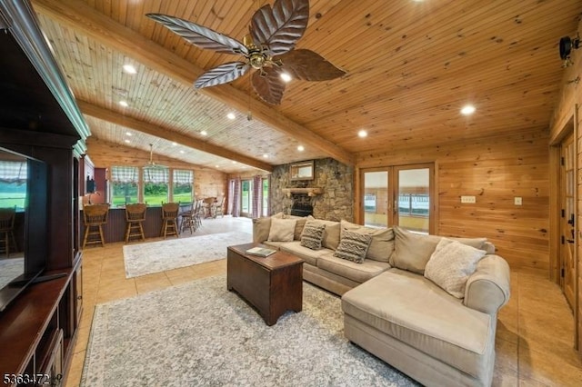 34 Millbrook Rd, Harding Twp, NJ 07976 - living room featuring wood ceiling, a stone fireplace, ceiling fan, plenty of natural light, and recessed lighting
