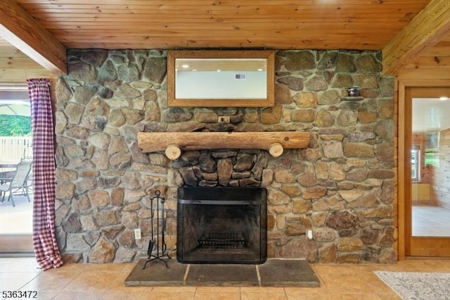34 Millbrook Rd, Harding Twp, NJ 07976 - detailed view of wood ceiling and a fireplace