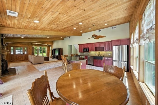 34 Millbrook Rd, Harding Twp, NJ 07976 - dining area with recessed lighting, a wooden ceiling with exposed beams, light tile patterned floors, and ceiling fan