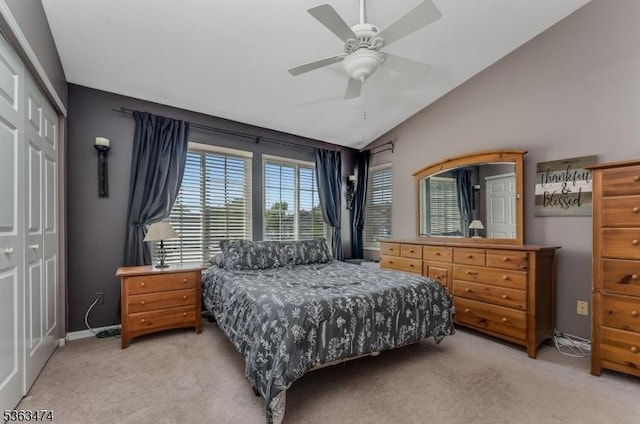 47 Crestmont Rd, Bedminster Twp, NJ 07921 - bedroom with light carpet, a closet, lofted ceiling, ceiling fan, and baseboards