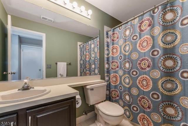 47 Crestmont Rd, Bedminster Twp, NJ 07921 - bathroom with toilet, vanity, tile patterned flooring, and a shower with curtain