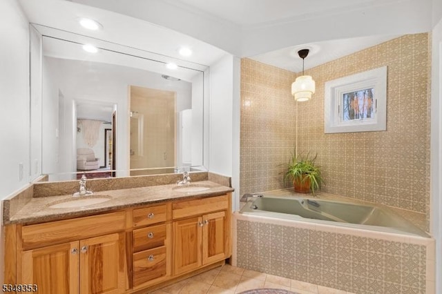 28 David Post Rd, Clinton Twp, NJ 08801 - full bathroom featuring double vanity, a garden tub, and tile patterned flooring