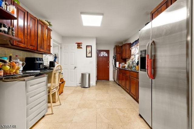 25 W Webster Ave, Roselle Park Boro, NJ 07204 - kitchen featuring stainless steel fridge, dark countertops, oven, tasteful backsplash, and a sink