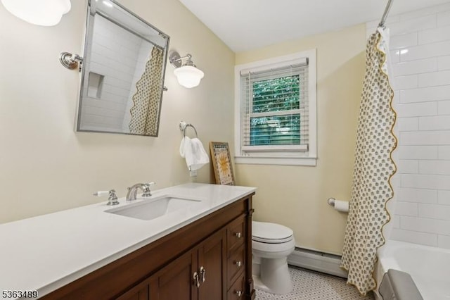 11 Wynding Way, Rockaway Twp, NJ 07866 - bathroom featuring a baseboard radiator, vanity, and shower / bath combo with shower curtain