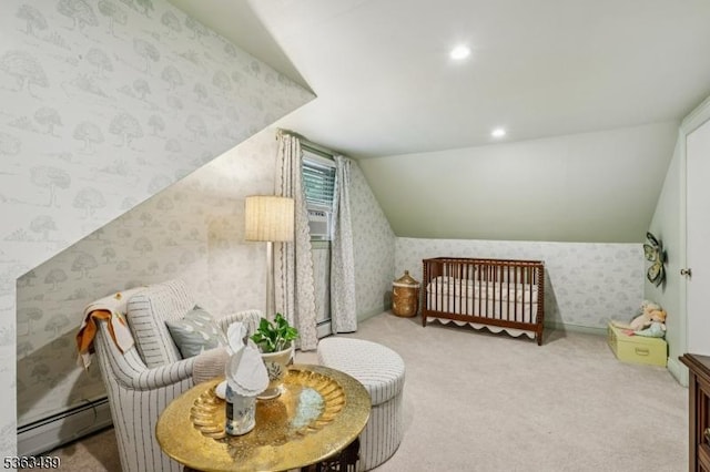 11 Wynding Way, Rockaway Twp, NJ 07866 - bedroom featuring a baseboard heating unit, wallpapered walls, lofted ceiling, and carpet