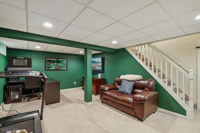 11 Wynding Way, Rockaway Twp, NJ 07866 - carpeted living room featuring a drop ceiling, stairs, and recessed lighting