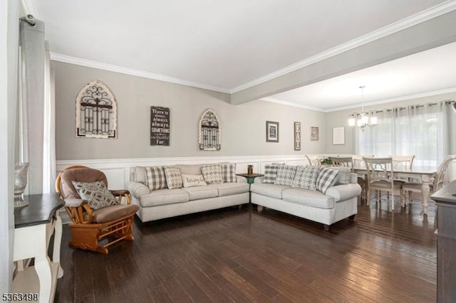 24 Eagles Nest Rd, Green Twp, NJ 07860 - living area featuring a chandelier, dark wood-type flooring, wainscoting, and crown molding