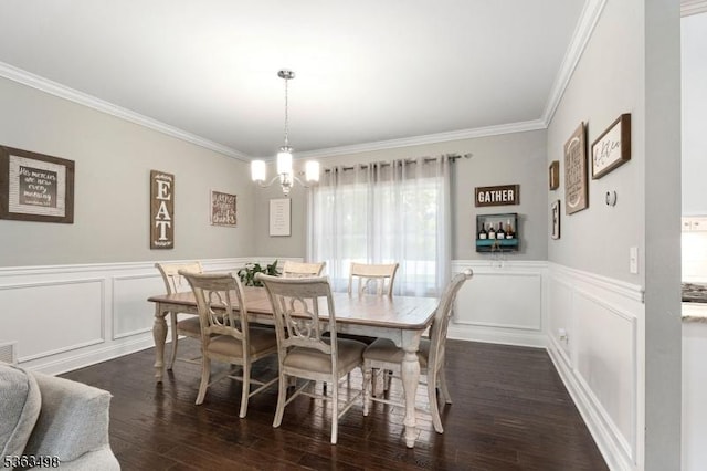 24 Eagles Nest Rd, Green Twp, NJ 07860 - dining area featuring crown molding, a chandelier, dark wood-style floors, wainscoting, and a decorative wall
