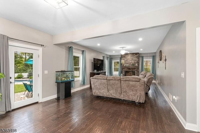 24 Eagles Nest Rd, Green Twp, NJ 07860 - living room with hardwood / wood-style floors, a fireplace, and recessed lighting