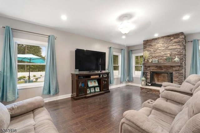 24 Eagles Nest Rd, Green Twp, NJ 07860 - living area featuring dark wood-type flooring, a stone fireplace, and recessed lighting