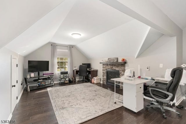 24 Eagles Nest Rd, Green Twp, NJ 07860 - office space featuring lofted ceiling, dark wood-type flooring, and a fireplace