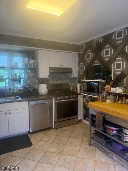 55 Canterbury Ln Unit 55, New Milford Boro, NJ 07646 - kitchen featuring appliances with stainless steel finishes, under cabinet range hood, white cabinets, and dark countertops