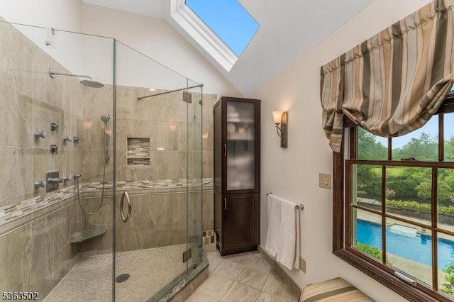 4 Fisher Ct, Raritan Twp, NJ 08822 - full bath with a stall shower, a skylight, and vaulted ceiling