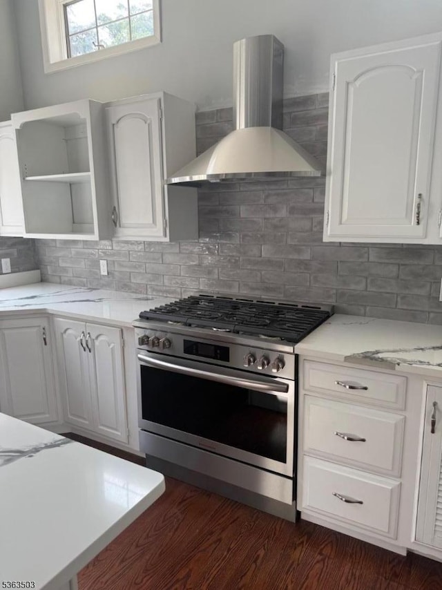 2 Linden Ave, West Orange Twp, NJ 07052 - kitchen featuring wall chimney exhaust hood, stainless steel gas range, open shelves, white cabinets, and tasteful backsplash