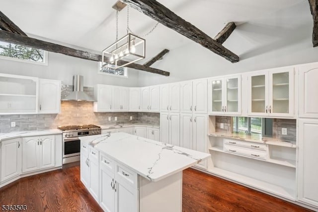 2 Linden Ave, West Orange Twp, NJ 07052 - kitchen featuring open shelves, wall chimney range hood, stainless steel gas range oven, and white cabinets