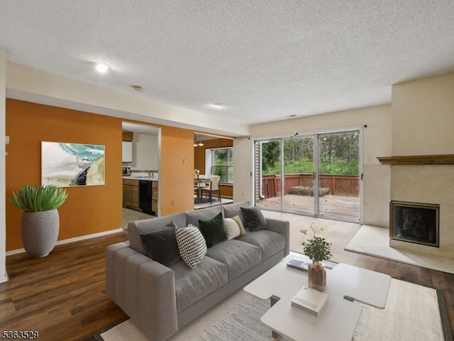 33 Avebury Pl, Franklin Twp, NJ 08873 - living room featuring wood finished floors, a textured ceiling, a glass covered fireplace, and baseboards