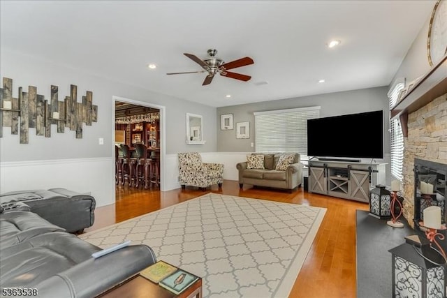 5 Brendan Dr, Mount Olive Twp, NJ 07836 - living area featuring ceiling fan, light wood-style flooring, recessed lighting, and a fireplace
