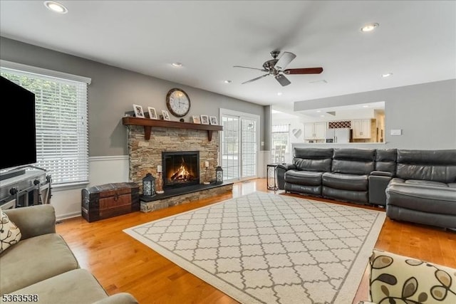 5 Brendan Dr, Mount Olive Twp, NJ 07836 - living room with ceiling fan, a stone fireplace, wood finished floors, and recessed lighting