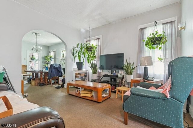 255 Ampere Pkwy, Bloomfield Twp, NJ 07003 - living area featuring arched walkways, carpet flooring, plenty of natural light, and a chandelier
