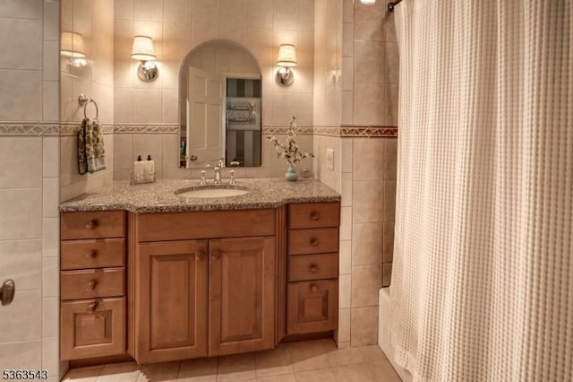 21 Sycamore Hill Rd, Bernardsville Boro, NJ 07924 - full bathroom with tile walls, vanity, tile patterned flooring, and shower / bathtub combination with curtain