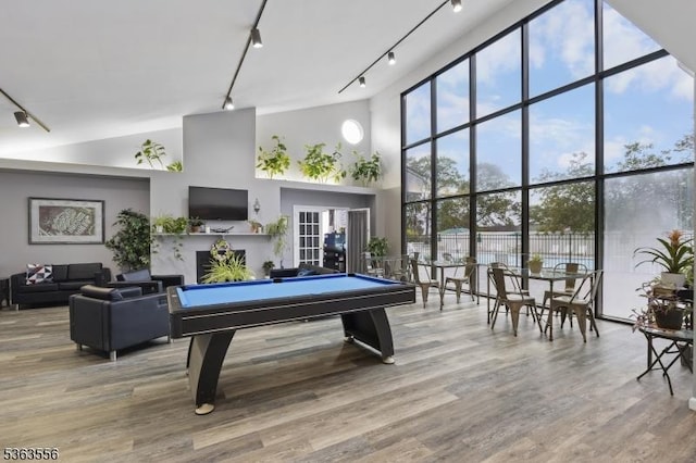 2467 State Route 10, Parsippany-Troy Hills Twp, NJ 07950 - playroom featuring rail lighting, a towering ceiling, billiards, and wood finished floors