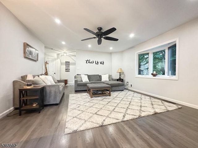 43 Kensington Ct, Washington Twp, NJ 07840 - living room with ceiling fan, baseboards, wood finished floors, and recessed lighting