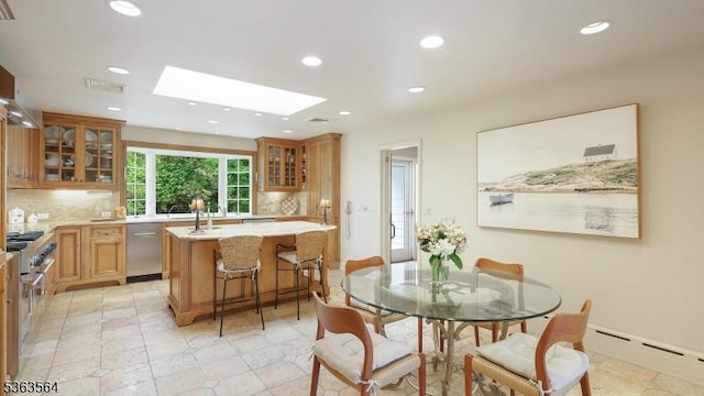 80 Clark Rd, Bernardsville Boro, NJ 07924 - dining room featuring baseboard heating, a skylight, and recessed lighting
