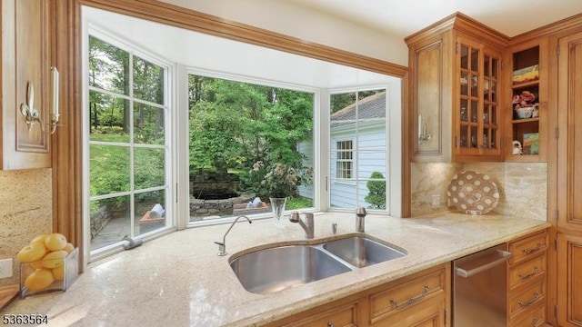 80 Clark Rd, Bernardsville Boro, NJ 07924 - kitchen featuring stainless steel dishwasher, light stone countertops, brown cabinets, glass insert cabinets, and decorative backsplash