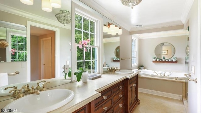 80 Clark Rd, Bernardsville Boro, NJ 07924 - full bathroom featuring crown molding, double vanity, plenty of natural light, and a bath