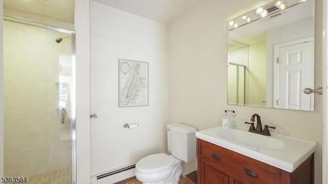 80 Clark Rd, Bernardsville Boro, NJ 07924 - bathroom with baseboard heating, vanity, and a tile shower