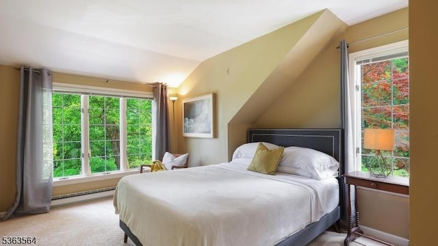 80 Clark Rd, Bernardsville Boro, NJ 07924 - bedroom with a baseboard radiator, multiple windows, vaulted ceiling, and light carpet
