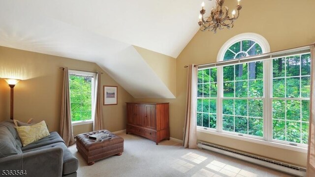 80 Clark Rd, Bernardsville Boro, NJ 07924 - additional living space featuring baseboard heating, vaulted ceiling, a chandelier, and carpet flooring