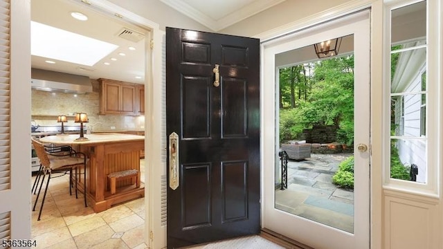 80 Clark Rd, Bernardsville Boro, NJ 07924 - entryway with crown molding, recessed lighting, a skylight, and light tile patterned floors