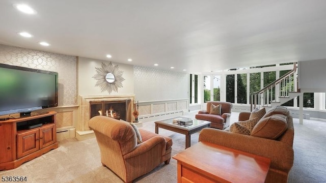 80 Clark Rd, Bernardsville Boro, NJ 07924 - living area with light colored carpet, recessed lighting, a lit fireplace, and stairway