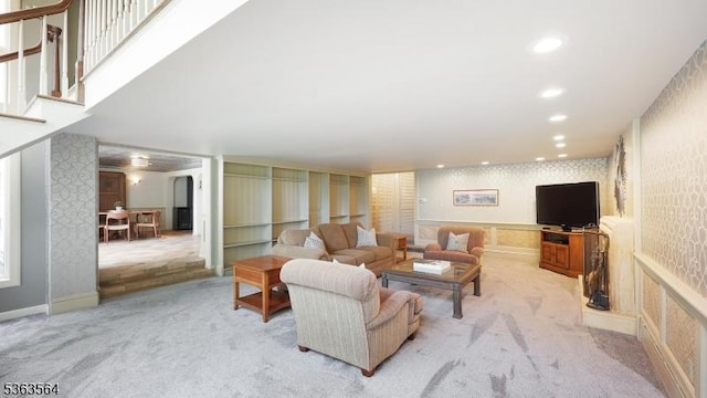 80 Clark Rd, Bernardsville Boro, NJ 07924 - living area with light carpet, wallpapered walls, recessed lighting, and stairs