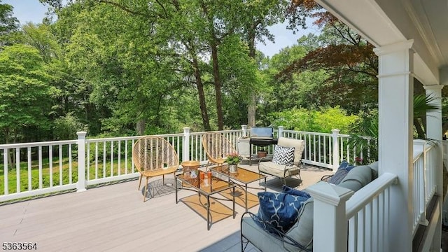 80 Clark Rd, Bernardsville Boro, NJ 07924 - wooden deck featuring an outdoor living space and view of wooded area