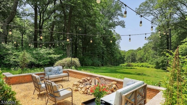 80 Clark Rd, Bernardsville Boro, NJ 07924 - view of patio / terrace featuring a fire pit and a forest view