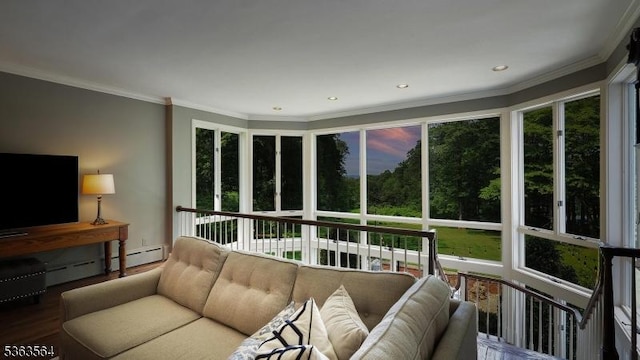 80 Clark Rd, Bernardsville Boro, NJ 07924 - living area with crown molding, baseboard heating, wood finished floors, and recessed lighting