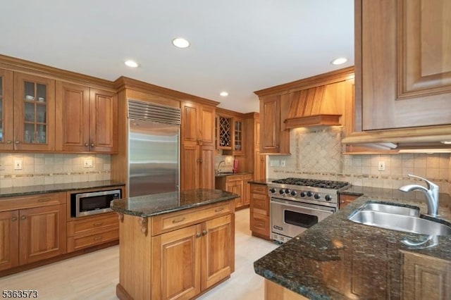 11 Carteret Trl, Bernards Twp, NJ 07920 - kitchen featuring built in appliances, custom range hood, decorative backsplash, brown cabinetry, and recessed lighting